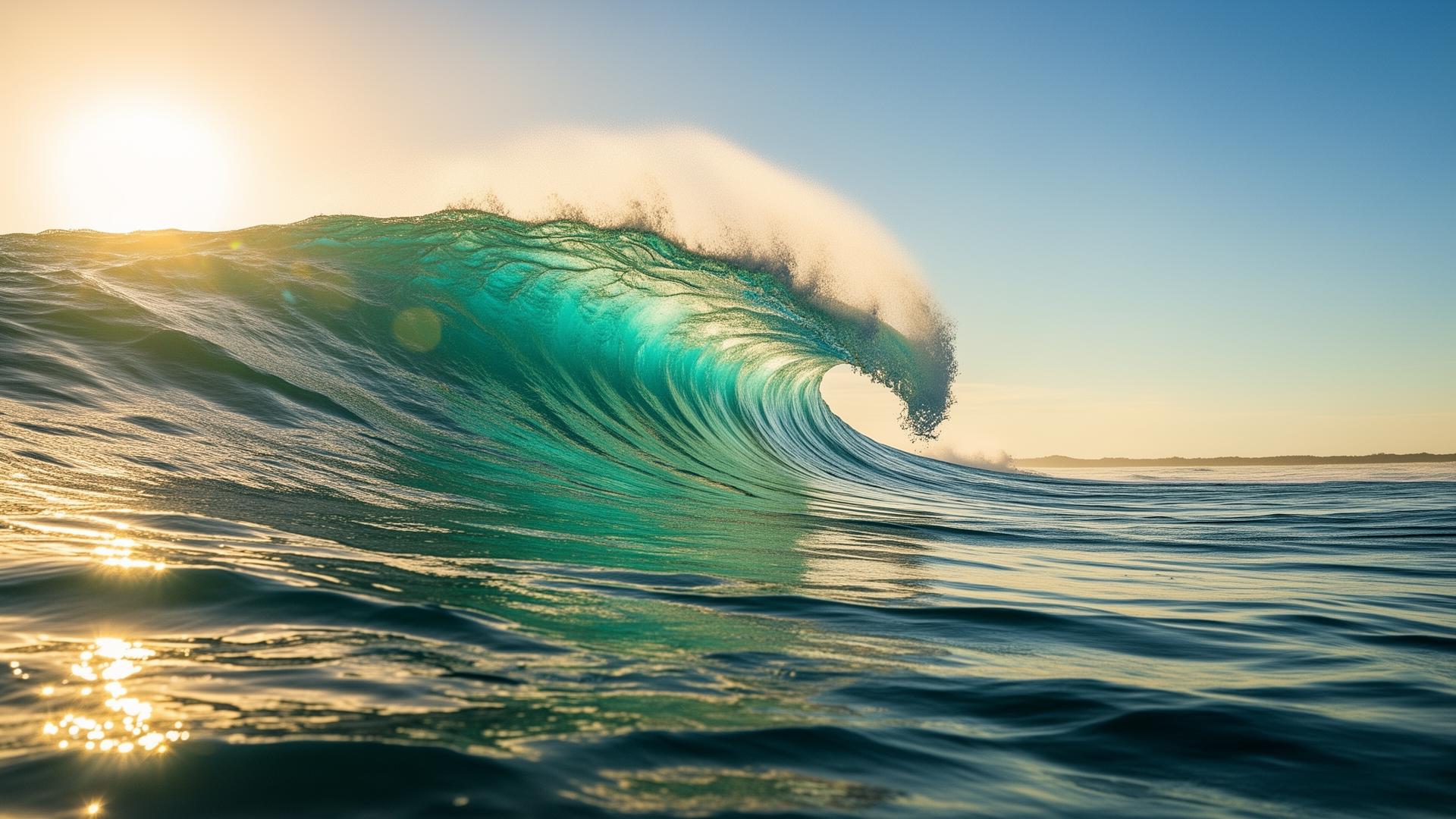 A rising ocean wave at golden hour